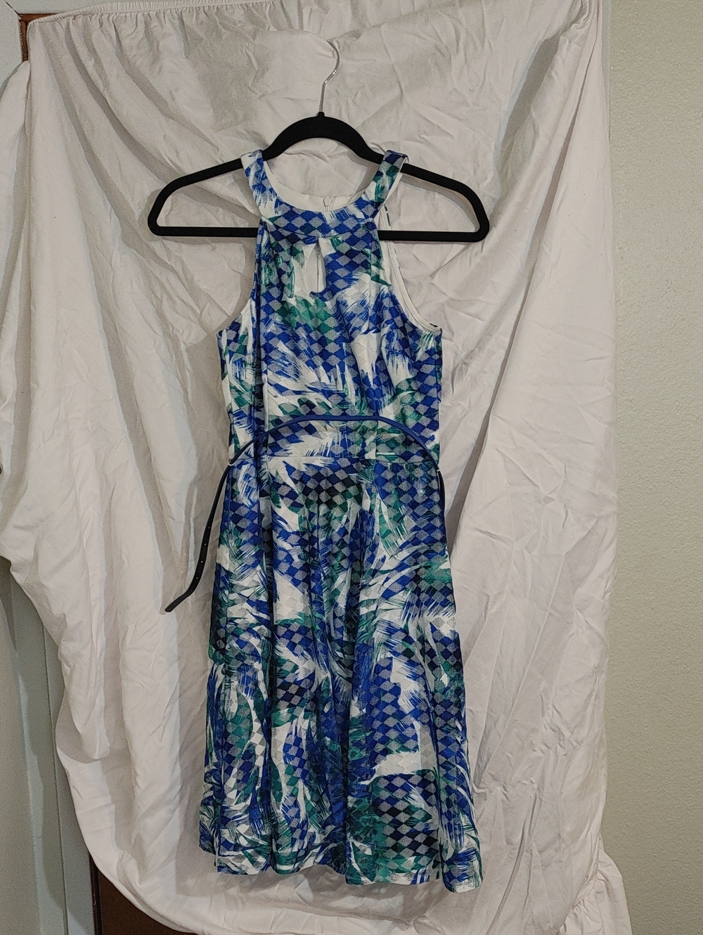 Maggy London Blue & Green Patterned Halter Midi Dress